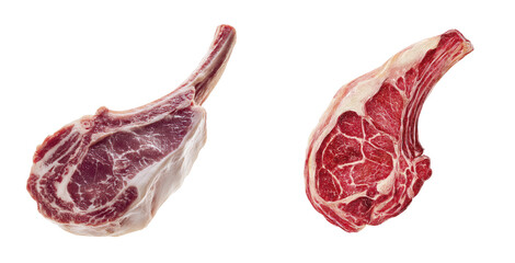 Obraz premium Two Raw Bone-in Ribeye Beef Chops Prepared for Gourmet Cooking on Transparent Background