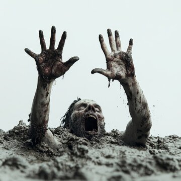 Grimy, decaying zombie arms and hands emerge from the ground, reaching upwards in a horrifying scene. High quality photo