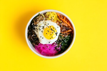 Bibimbap bowl on yellow background studio