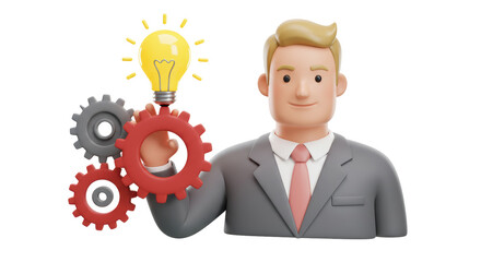 Isolated Man with Gears and Lightbulb