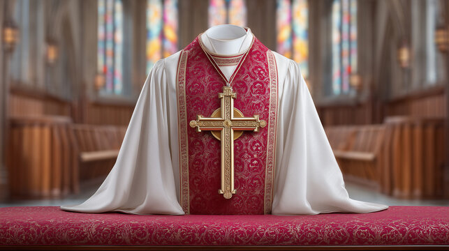 Gold cross atop red vestments, biretta beside, pew bathed in colored window light