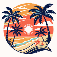 Tropical Sunset Beach Scene Palm Trees Circle Design