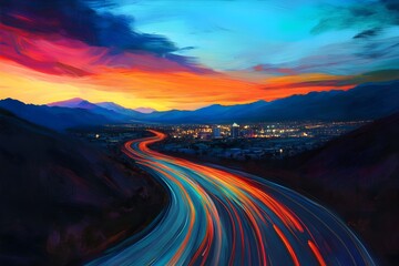 Vibrant highway light trails lead to a city skyline at sunset, painting a dramatic, energetic urban landscape