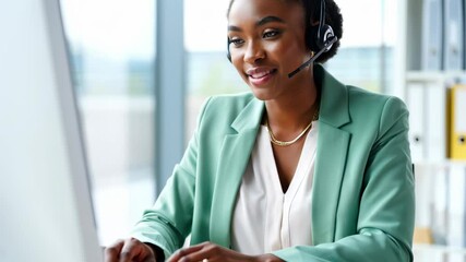 A professional woman wearing headset sits at her desk in a modern office providing customer service on a video call. - Powered by Adobe