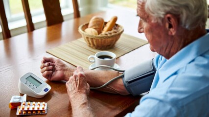 Elderly man checking his blood pressure at home with medication on the table. - Powered by Adobe