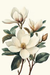 Elegant magnolia botanical illustration, vintage style, isolated flower on white, retro scientific drawing look, digital art with realistic textures and soft pastel tones