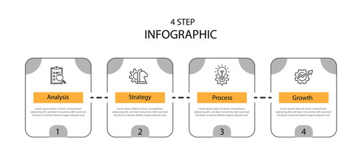 Design template infographic. 4 step square lines with icons. Graphic presentation and business information 