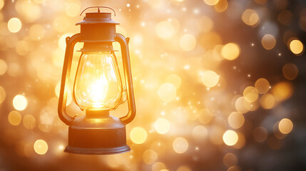 A vintage lantern glowing warmly in the dark, surrounded by dreamy bokeh lights.
