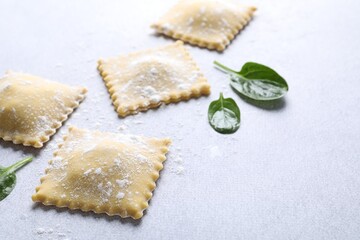 Uncooked ravioli and spinach on light table, closeup