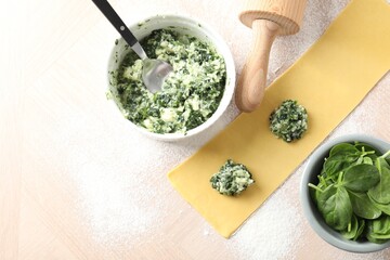 Making ravioli with cottage cheese and spinach at light table, flat lay. Space for text