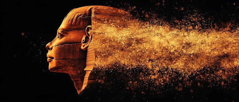 Stone head disintegrating, dark background