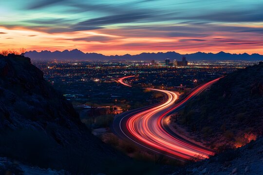Vibrant cityscape glows beneath a dramatic sunset sky with light trails from cars on a winding desert highway
