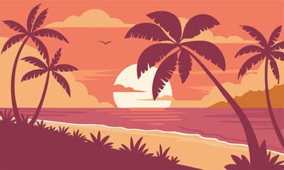 Silhouette Palm Trees Sunset Beach Tropical Landscape
