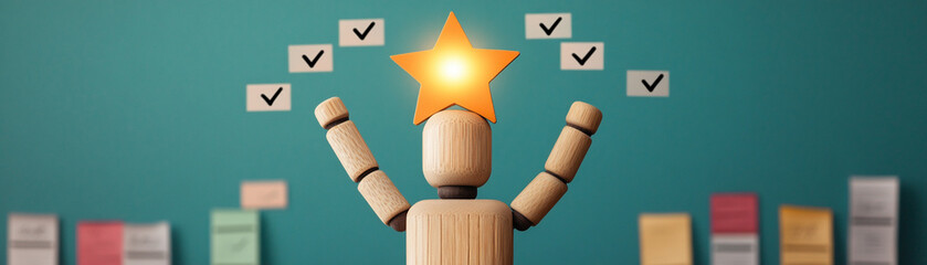 A wooden figure celebrating achievements with star and checkmarks against a teal backdrop.