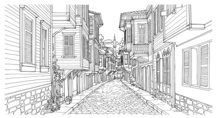 Alsancak Historic Houses Line Drawing with Symmetrical Shutters