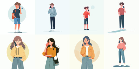 Obraz premium Vector Set: Teenagers Making Phone Calls