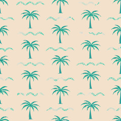 Seamless Teal Palm Tree & Wave Pattern