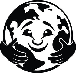Cartoon Earth being hugged by two hands vector graphics, cartoon Earth being hugged by two hands silhouette vector art, cartoon Earth being hugged by two hands line art vector design