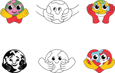 Cartoon Earth being hugged by two hands vector graphics, cartoon Earth being hugged by two hands colorful vector art, cartoon Earth being hugged by two hands line art vector design set