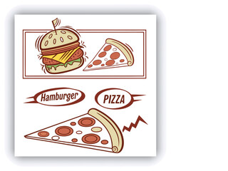 Fast food restaurant business marketing social media post or banner template design with abstract geometric background, logo and icon. Promotion flyer or web poster for pizza and vegetable burger.