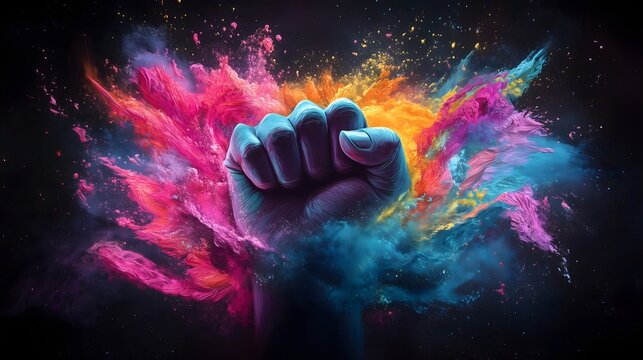 Colorful raised fist symbolizes unity and strength during pride month celebration, advocating for LGBTQ rights and diversity