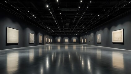 Empty gallery space with framed art pieces