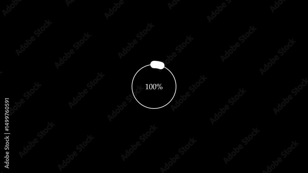 Poster white circular progress indicator reaching one hundred percent of completion against a solid black b