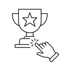 Trophy With Hand Click Line Icon. Online Achievement, Digital Reward, And Gamification Interaction Outline Symbol. User Engagement And Motivation. Editable Stroke. Isolated Vector Illustration