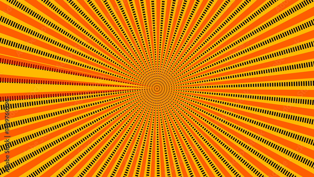 Poster abstract vibrant orange and yellow radial pattern with black dotted lines creating a dynamic visual 