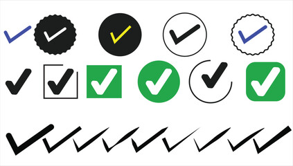Vector illustration featuring a collection of colorful check mark icons in multiple styles and backgrounds. Ideal for use in user interfaces, approval systems, validation processes, and graphic design