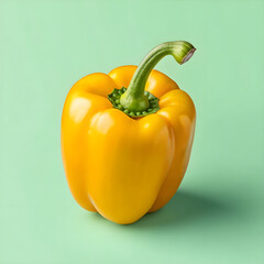 Side view of a yellow bell pepper on a pastel green surface.