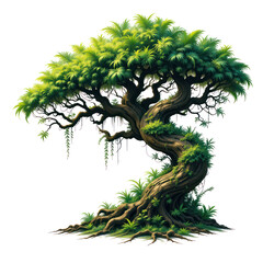 a twisted amazonian tree clipart, exotic plant element, fantasy forest design, vivid green