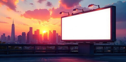 A vibrant city skyline at sunset, reflected in a large, blank billboard ready for your advertisement  Perfect for urban, advertising, and real estate concepts , large, glow, backdrop
