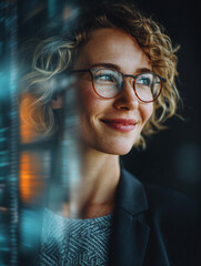Confident woman with curly hair and glasses smiles while looking into distance, reflecting sense of optimism and determination. She is dressed professional blazer, suggesting business environment