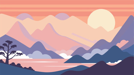 Peaceful Sunset Mountain Lake Landscape Illustration