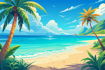Tropical Beach Scene: Palm Trees, Ocean, and Sandy Shore