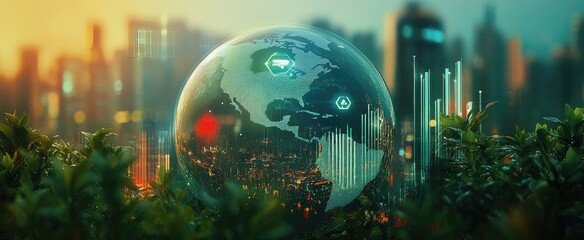 Futuristic Earth globe, city skyline