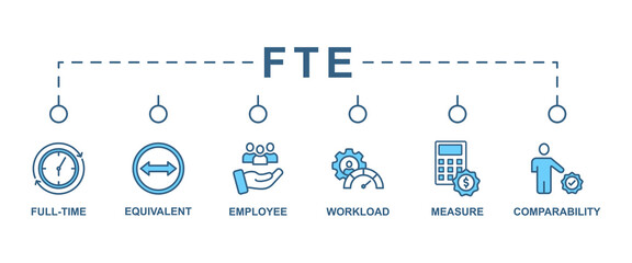 Fte banner web icon vector illustration concept of full time equivalent with icon of full-time, equivalent, employee, workload, measure and comparability