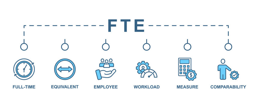 Fte banner web icon vector illustration concept of full time equivalent with icon of full-time, equivalent, employee, workload, measure and comparability
