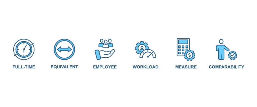 Fte banner web icon vector illustration concept of full time equivalent with icon of full-time, equivalent, employee, workload, measure and comparability