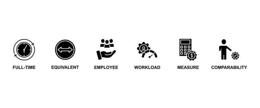 Fte banner web icon vector illustration concept of full time equivalent with icon of full-time, equivalent, employee, workload, measure and comparability
