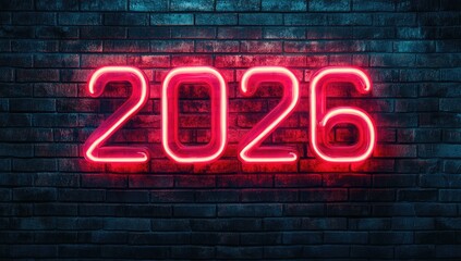 Obraz premium Neon red 2026 digits on a dark brick wall