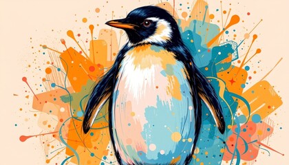 celebrate world penguin day with a striking abstract illustration, feature the adorable penguin at the top of the image in a prominent and clear position to draw attention