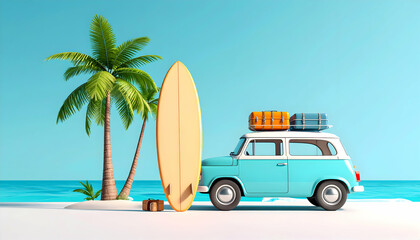 Charming coastal escape featuring a classic car, surfboard, and lush palm trees