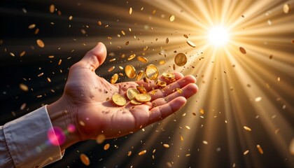 create an abstract illustration in lightwave featuring a hand with coins flying towards a business and finance success theme, using golden tones under a sunbeam