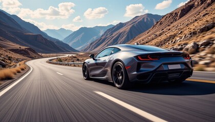 elegant sport car illustration subject: a luxury sport car is gracefully positioned on a scenic mountain road, with the open sky above and the winding road disappearing into the distance