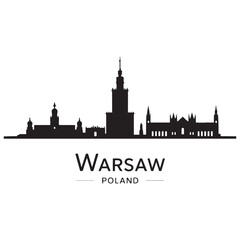 Naklejka premium Warsaw skyline horizontal banner. Black Warsaw, Poland. Vector template for your design. Vector black silhouette. with white background