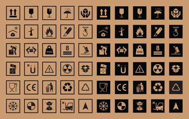 Set of Packaging Box Symbols, Flat Carton Box Warning Signs