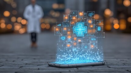 Digital healthcare innovation concept with mobile phone and doctor in background for modern medicine