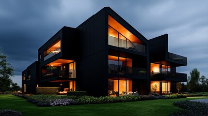Fototapeta premium Modern black apartment building features balconies and warm interior lighting at twilight within landscaped grounds.